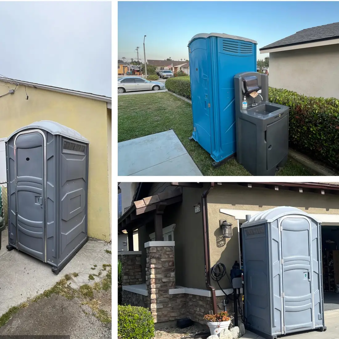 Three photos of porta potties delivered to homes and a jobsite